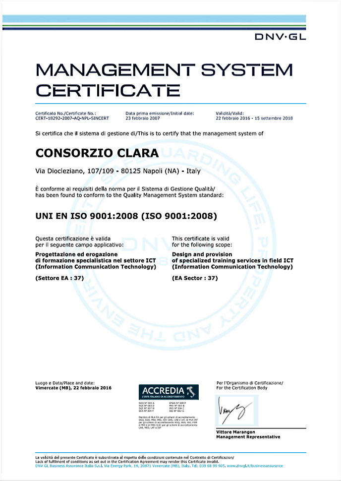 Certificato DNV del Consorzio CLARA